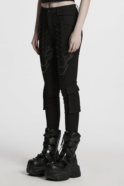 Black Lace-Up Strappy Big-pocket Women's Punk Leggings
