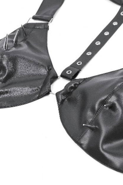 Black Metal Studded Women's Punk Faux Leather Bustier Crop Top with Adjustable Clasps