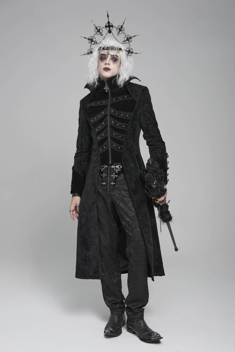 Black Diamante Stand Collar Long Sleeves Printed Zippered Men's Gothic Long Coat