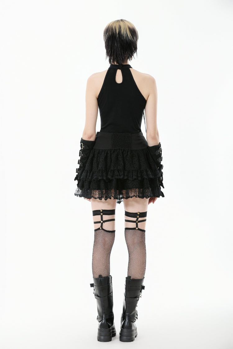 Black Off Shoulder Halterneck Sleeveless Mesh Eyelet Strap Women's Punk Top