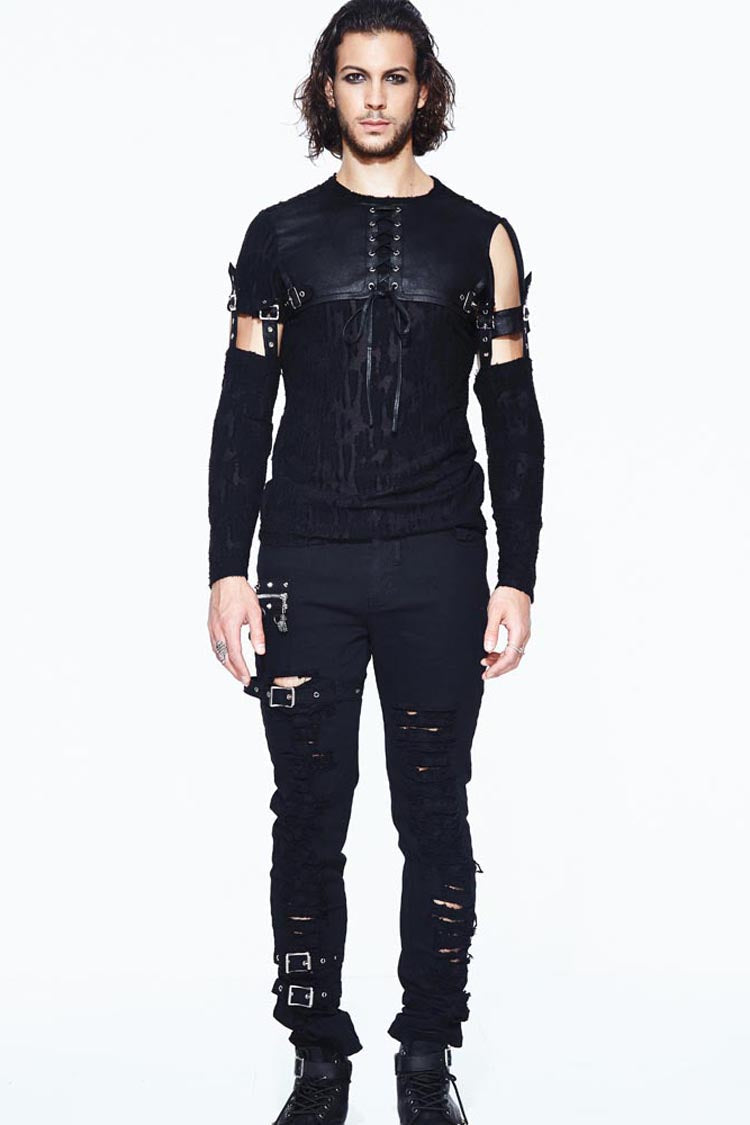 Black Leather Loop Sleeve Irregular Jacquard Knitted Chest Lace Up Removable Men's Punk Shirt