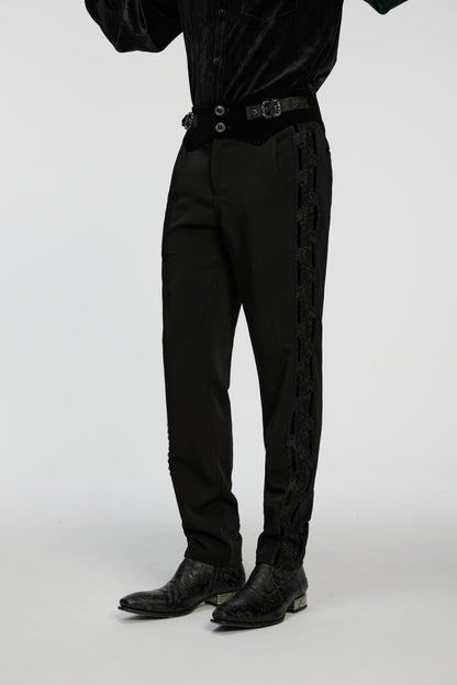 Black Embroidered Lace Buckled Men's Gothic Pants