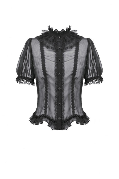 Black Multi-Layered Ruffled Lace Short Puff Sleeves Sheer Women's Courtly Gothic Blouse