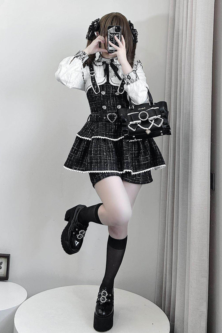 Black Plaid Printed Pearl-Decorated Sweet Jirai Kei Japanese Strap Dress Set