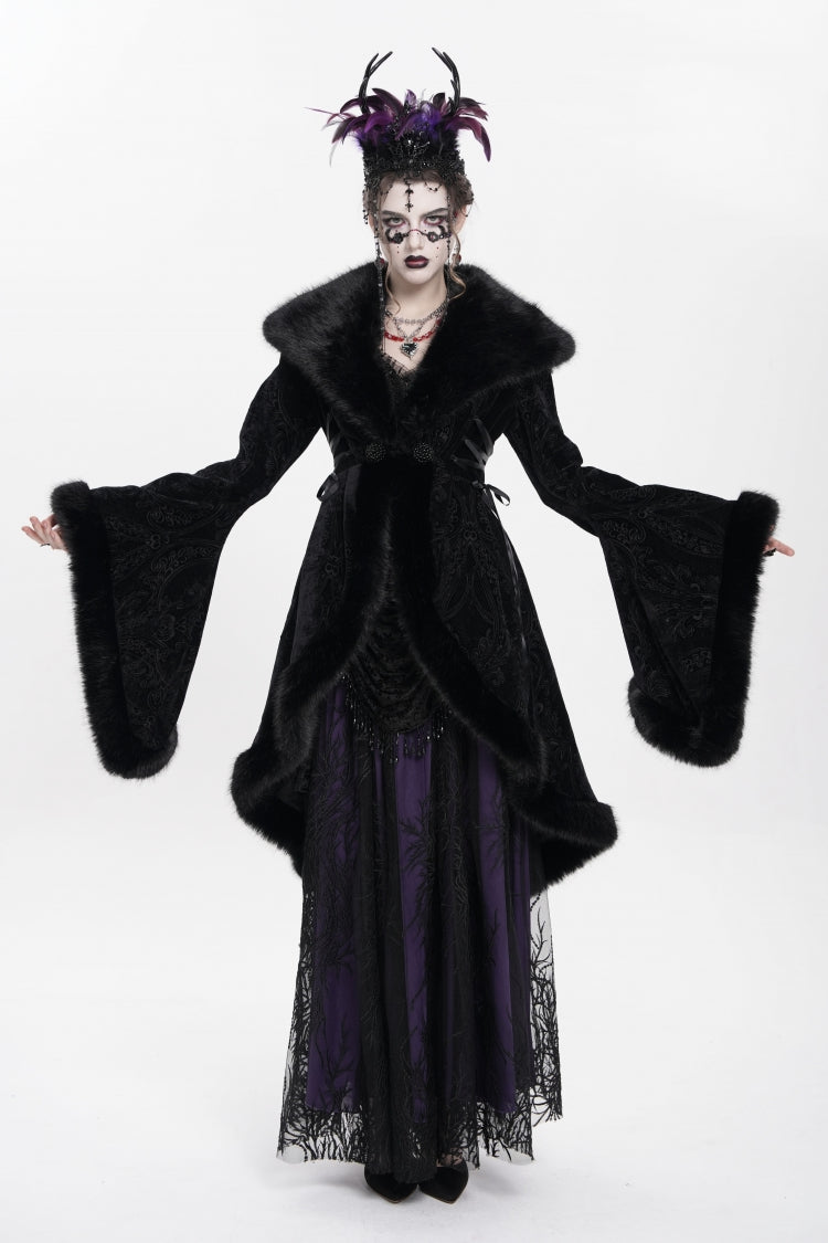 Black Long Sleeves Floral Embroidery Women's Gothic Fluffy Coat