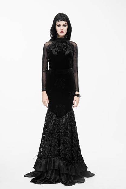Black High Collar Front Chest Rose Decals Mesh Long Sleeve Rose Embossed Velvet Women's Gothic T-Shirt