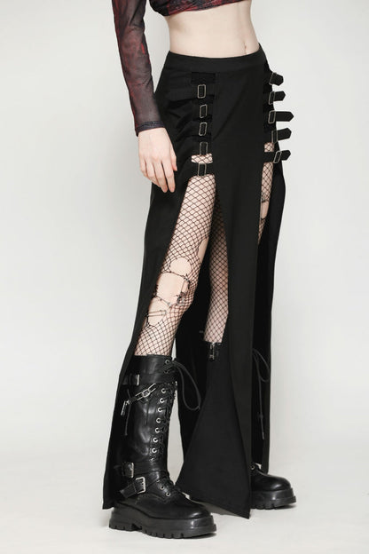 Black Buckled Zippered Women's Punk Side Slit Long Skirt