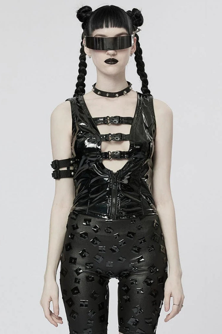 Black Patent Leather Hollow Slim Womens Steampunk Vest