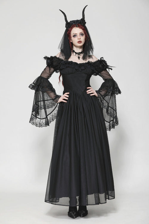 Black Off Shoulder Boat Neck Multi-Layered Long Trumpet Sleeves Lace Spliced Tulle Lace-Up Women's Gothic Fantasy Dress