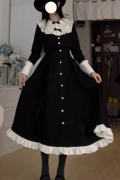 Black Long Sleeves Ruffle Bowknot Vintage Elegant Lolita Dress Two Pieces Set