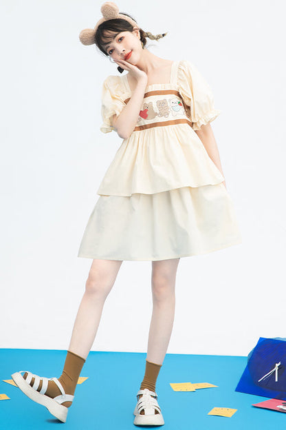 Beige Vintage Square Collar Ruffled Short Sleeves Cartoon Bear Print High Waisted Sweet Lolita Dress