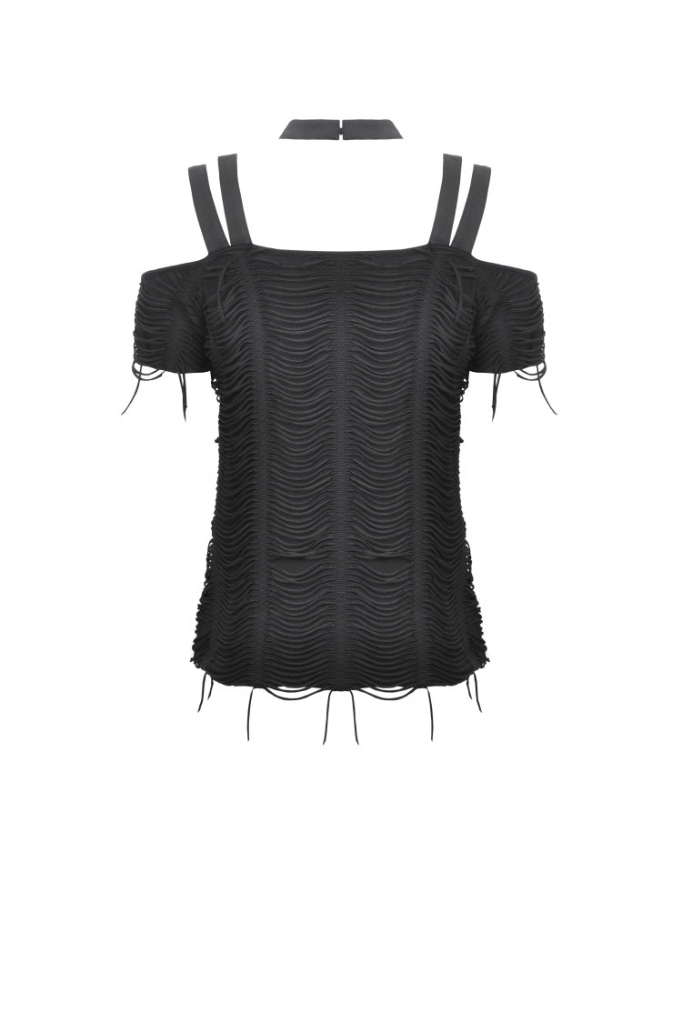 Black Off Shoulder Short Sleeves Ripped Buckled Women's Gothic T-Shirt with Detachable Choker