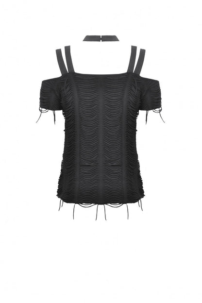 Black Off Shoulder Short Sleeves Ripped Buckled Women's Gothic T-Shirt with Detachable Choker