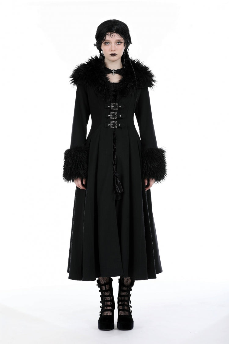 Black Long Sleeves Lace-Up Buckled Women's Gothic Draped Coat with Faux Fur Collar