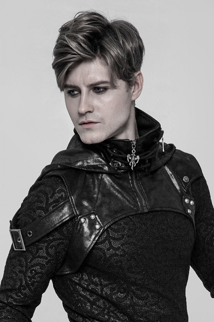 Black Metal Buckle Lace-Up Hooded Men's Steampunk Cape