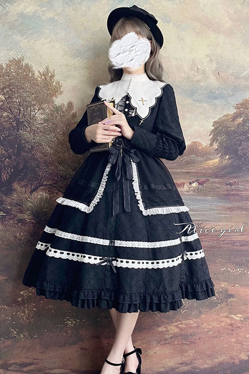 Black Cross Dark Church Elegant Lace Long Sleeves Ruffled Classic Lolita OP Dress