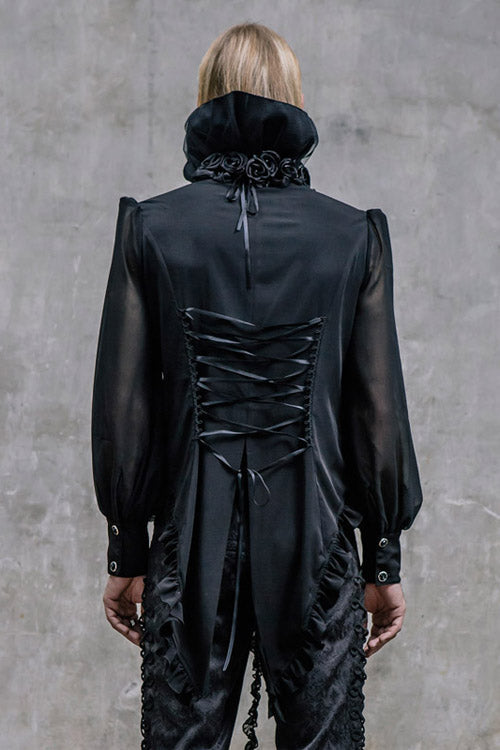 Black High Collar Lace Up Dovetail Hem Mens Gothic Blouse