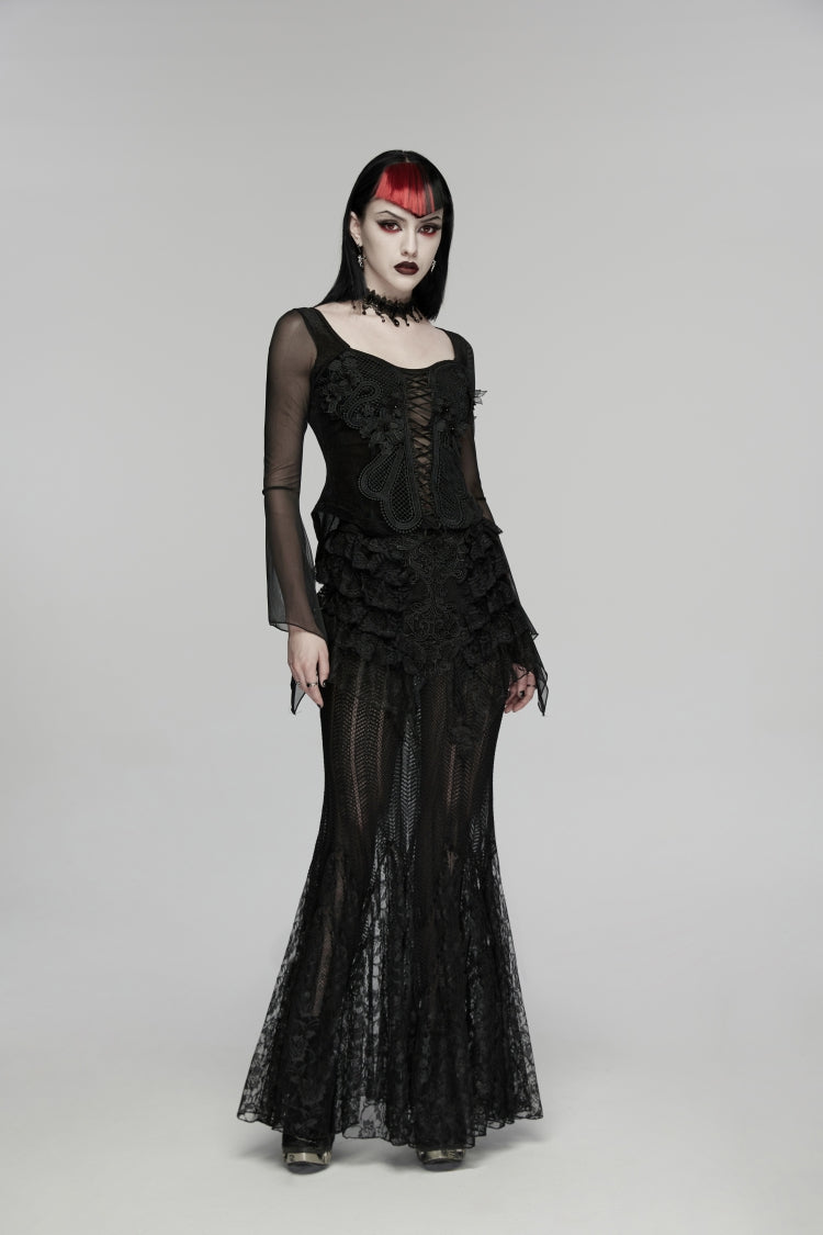 Black Embroidered Spliced Ruffled Lace Slim Mesh Women's Gothic  Mermaid Skirt