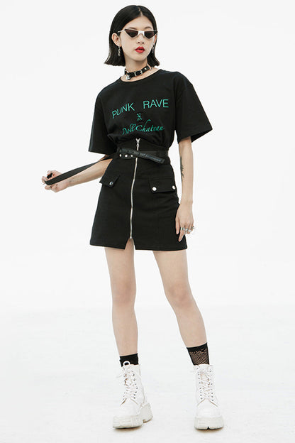 Black High Waist Front Zipper Metal Eyelets Belt Side Pocket Women's Punk Denim Skirt