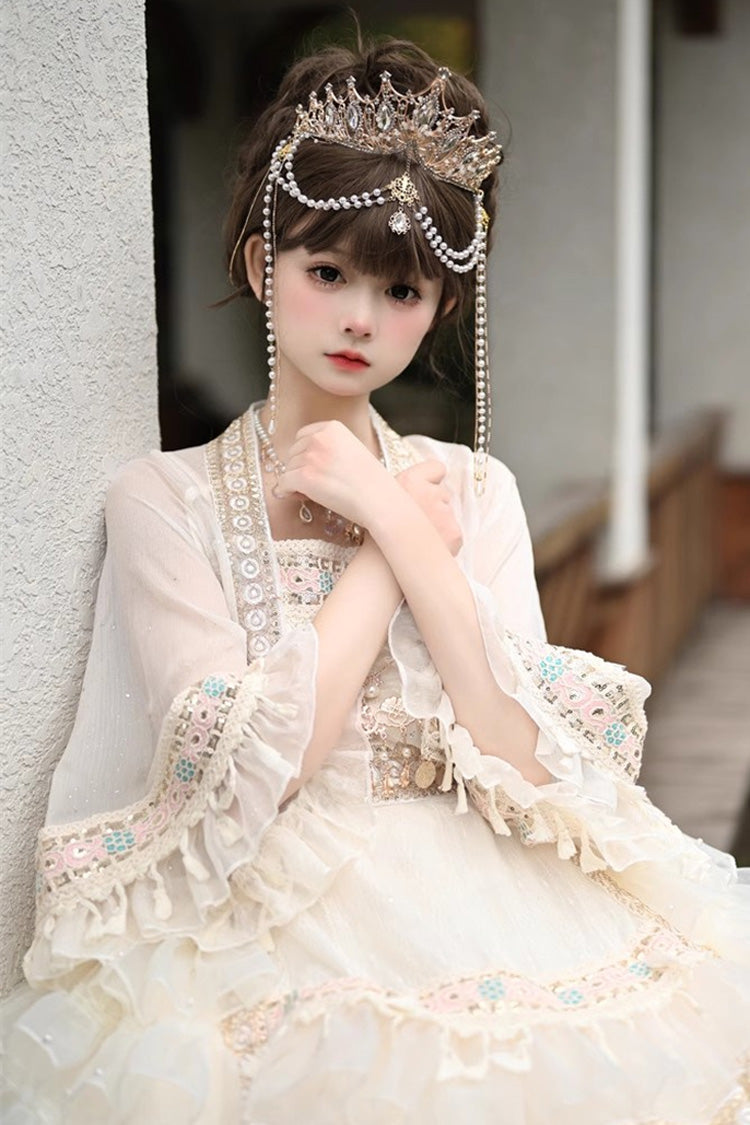 Apricot [Miao Girl] Multi-Layered Ruffle Bowknot Sweet Princess Lolita Chiffon Skirt Set