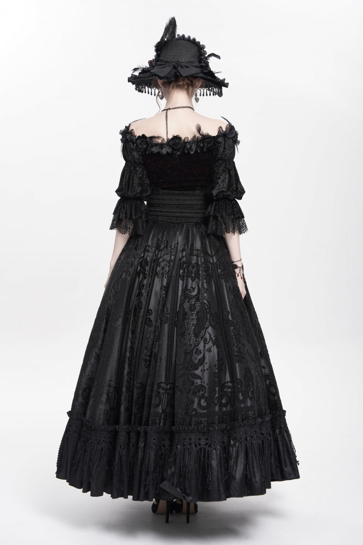 Black Jacquard Embroidery Buckle Tassels Women's Gothic Long Skirt