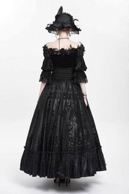 Black Jacquard Embroidery Buckle Tassels Women's Gothic Long Skirt