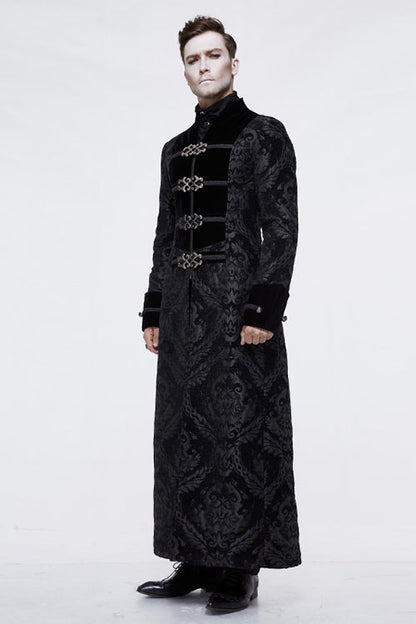 Black Gothic Patterned Metal Buttons Mens Velveteen Long Coat
