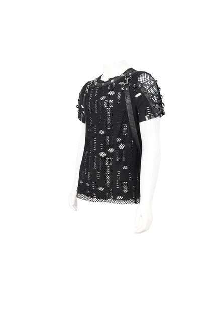 Black Half Hollow Shoulder Tie Design Men's Punk T-Shirt