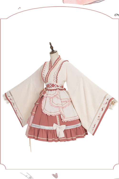 Beige/Pink Wide Sleeved Multi-Layered Ruffle Sweet Lolita OP Dress