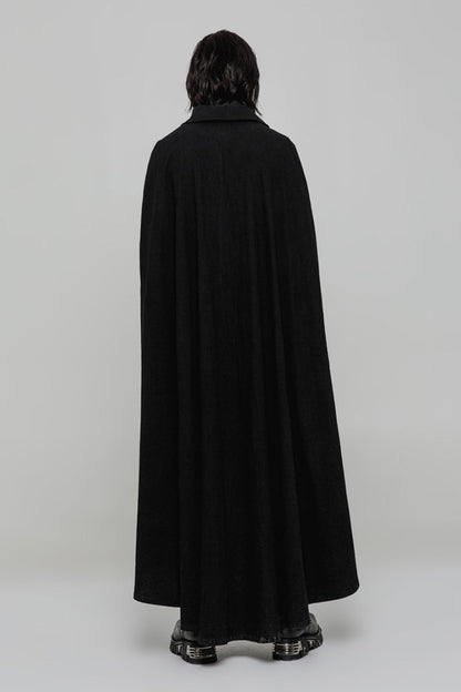 Black Long Sleeve Front Metal Button Slit Irregular Hem Weave Woven Men's Gothic Cloak