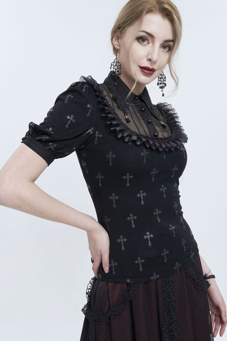 Black Chest Paneled Chiffon Lace Collar Lace Strap Pendant Cross Print Women's Punk Shirt