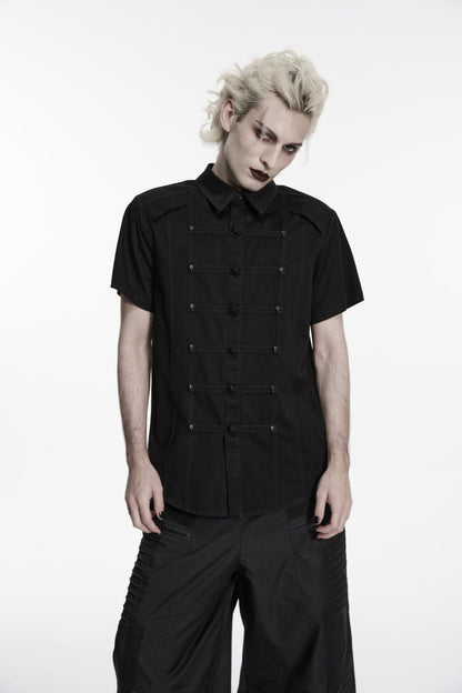 Black Lapel Collar Short Sleeves Studded Men's Punk Skull Handsome Cool Shirt