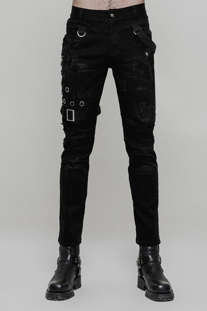 Black Metal Ring Buckles Stitching Mesh Men's Steampunk Pants