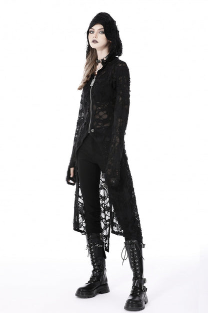 Black Long Sleeves Split Ripped Zippered Women's Punk Long Coat with Hood