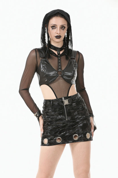 Black Metal Studded Women's Punk Faux Leather Bustier Crop Top with Adjustable Clasps