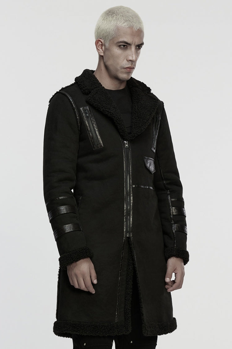 Black Plush Lapel Collar Sleeveless Asymmetric Zipper Men's Gothic Jacket