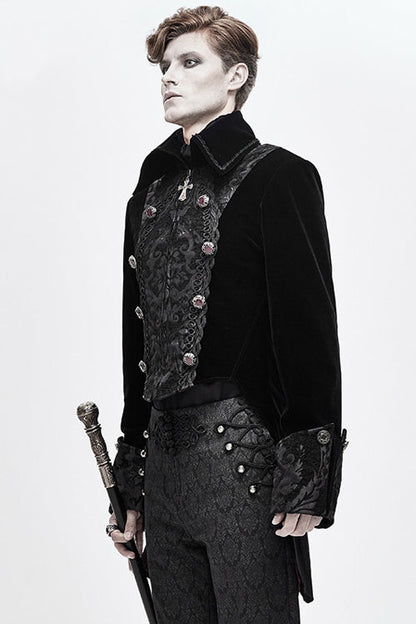 Black Court Pattern Lapel Collar Velvet Mens Gothic Coat