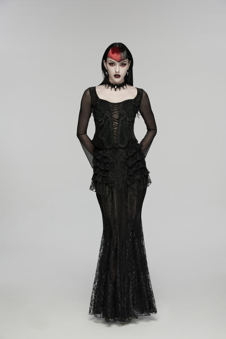 Black Embroidered Spliced Ruffled Lace Slim Mesh Women's Gothic  Mermaid Skirt