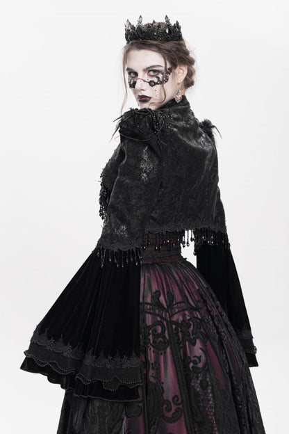 Black Long Sleeves Floral Embroidery Women's Gothic Beaded Frog Short Jacket
