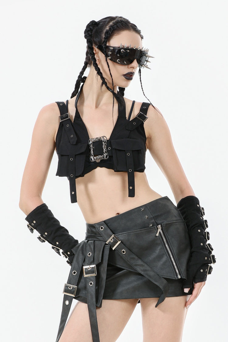 Black Faux Leather Straps Zippered Women's Punk Short Skirt