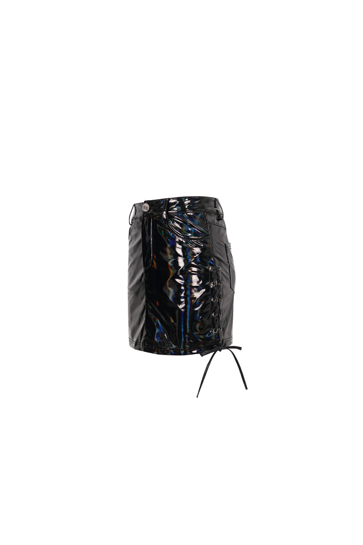 Black Iridescent Mirrored Side Slit Adjustable Women's Gothic Skirt