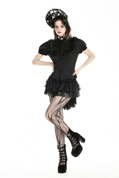 Black Point Collar Short Puff Sleeves Ruffled Women's Gothic Blouse