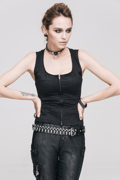 Black Front Zip Sleeveless Back Cut-Out Belted Round Collar Women's Punk Tank Top