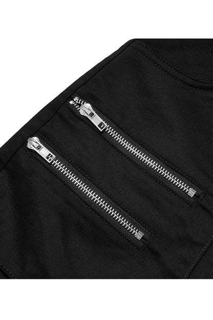 Black Heavy Industrial Hem Slit Design Multi-Pocket Zipper Trim Sexy Women's Punk Mini Skirt