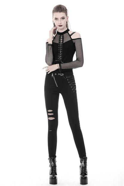 Black Off Shoulder Long Sleeves Lace-Up Mesh Women's Punk Top