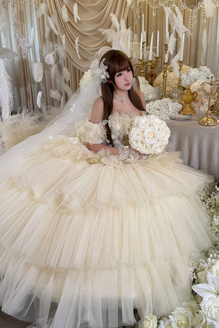Apricot [Dream Confession] Sleeveless Triple-Layered Ruffled Hanayome Bow Lace Lace-Up Sweet Lolita Jsk Dress Long Version