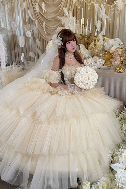 Apricot [Dream Confession] Sleeveless Triple-Layered Ruffled Hanayome Bow Lace Lace-Up Sweet Lolita Jsk Dress Long Version