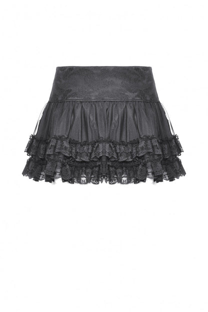 Black Layered Lace Mesh Lace-Up Zippered Women's Punk Mini Skirt