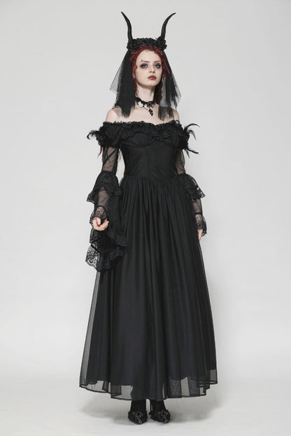 Black Off Shoulder Boat Neck Multi-Layered Long Trumpet Sleeves Lace Spliced Tulle Lace-Up Women's Gothic Fantasy Dress