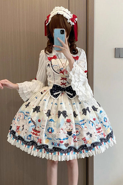 Beige [Mystery Rabbit Tea Party] Sleeveless Print Ruffle Bowknot Lace Sweet Lolita Jsk Dress